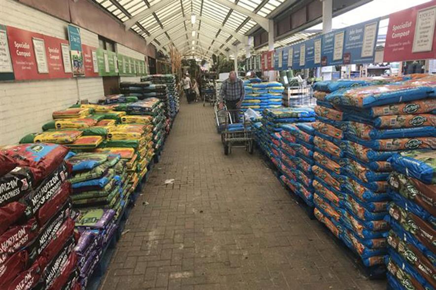 Peat compost bags stacked up for sale in garden centre